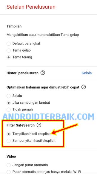 Cara menghapus safe search di android